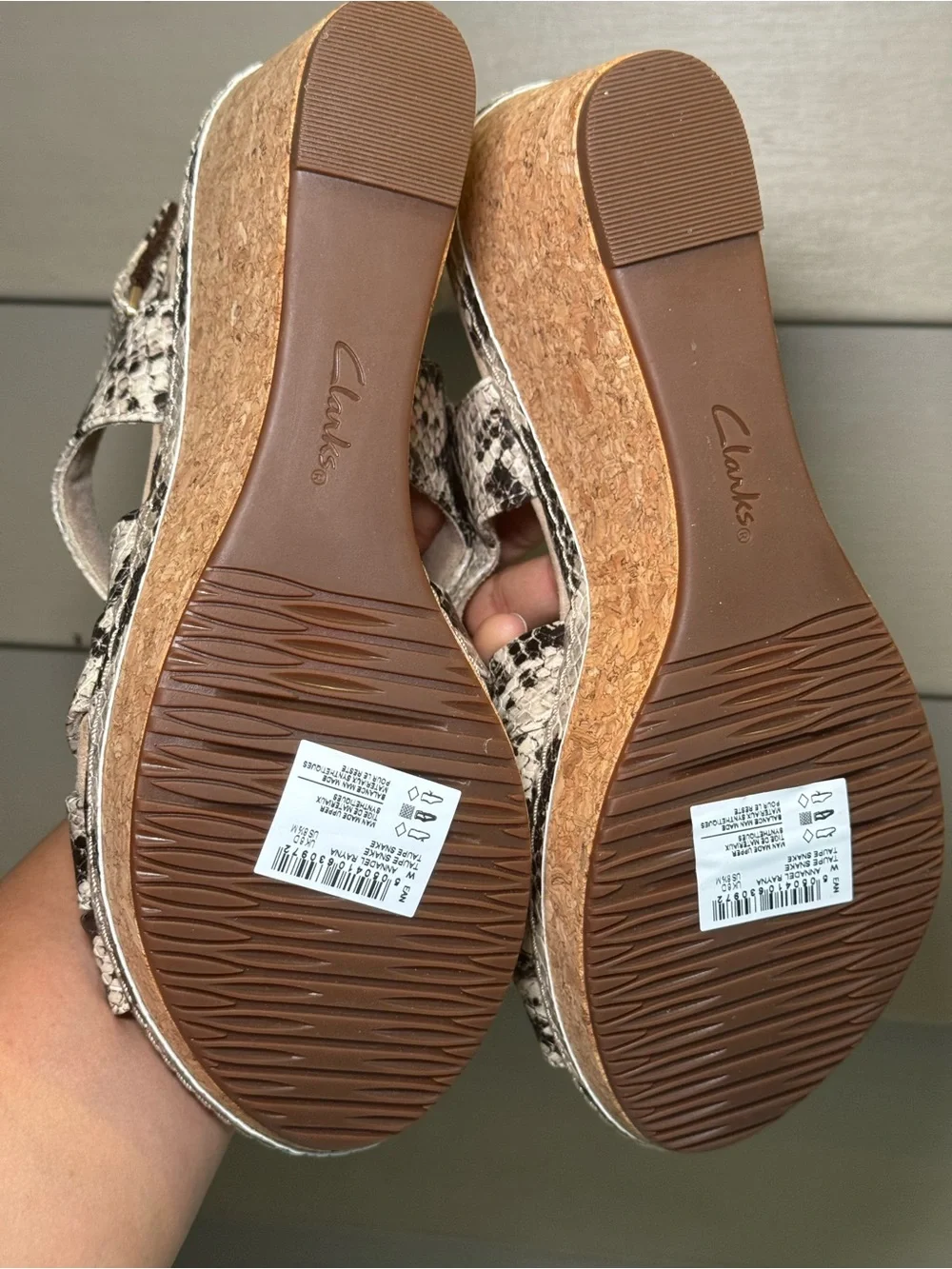Clarks Women's Snake-Print Crisscross Wedge Sandals in Beige and Black